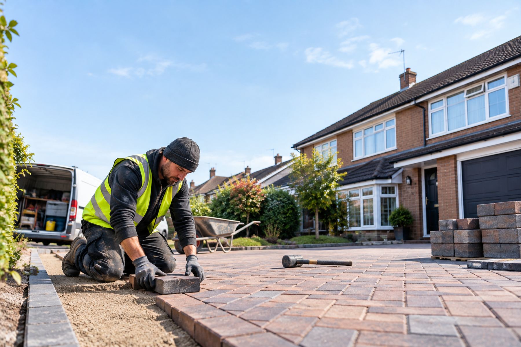 Contractor laying block paving on a driveway outside a UK semi-detached house