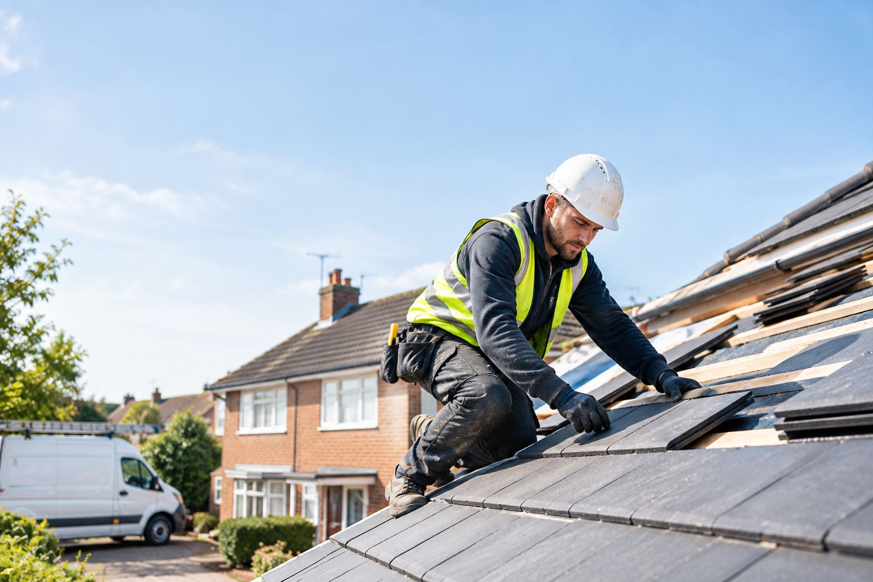 Roofer working on a pitched roof of a UK terraced house, with his van parked on the drive